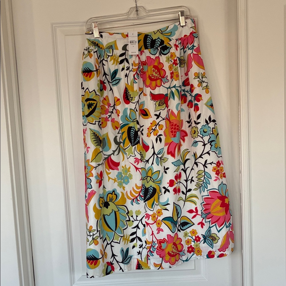 Ann Taylor Factory White Floral Midi Skirt with Pink, Yellow & Teal Accents